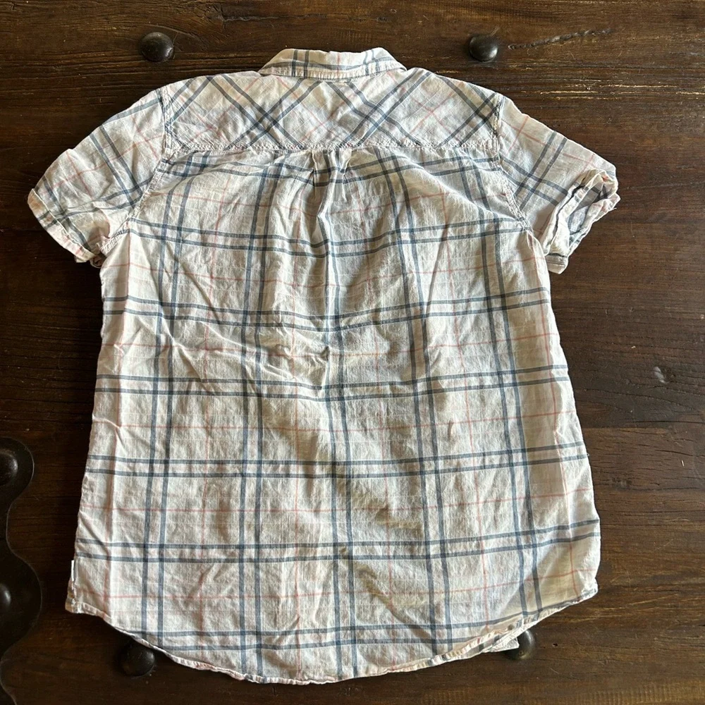 Eddie Bauer Cream and Blue Plaid Button Down Shirt - Picture 2 of 3